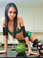 Ladyboy rams her cock in fleshy watermelon