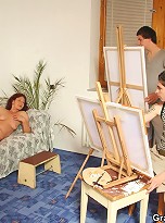 The mature threesome shows the redhead bent over getting dick from both directions